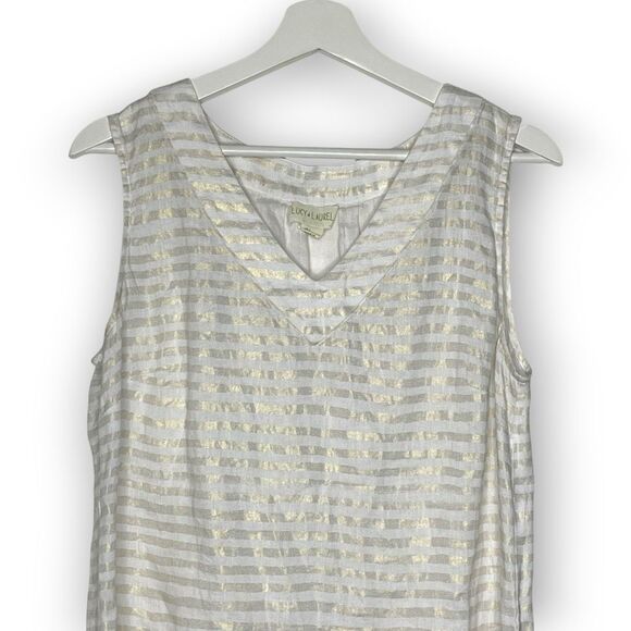 Lucy & Laurel Metallic Stripe 100% Linen Tank Gold and White Women’s Size Large - Picture 3 of 8